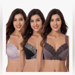 🆕 Plus Size Unlined Minimizer Wirefree Bras with Embroidery Lace-3Pack